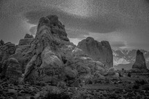 rock formations in black and white 