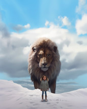 Jesus, the lion. Lion behind a little girl