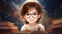 Portrait of a cute little girl with glasses and books 