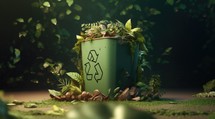 Green trash can with green leaves in the background