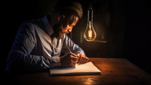 Man with a lightbulb writing in a notebook