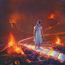 young girl walks safely through dangerous lava on a pathway of pages.