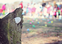 egg in a stump during an Easter egg hunt 