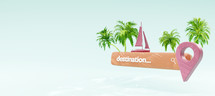 Tourism and travel concept. Searching for travel destination. Blank search bar with boat and palms