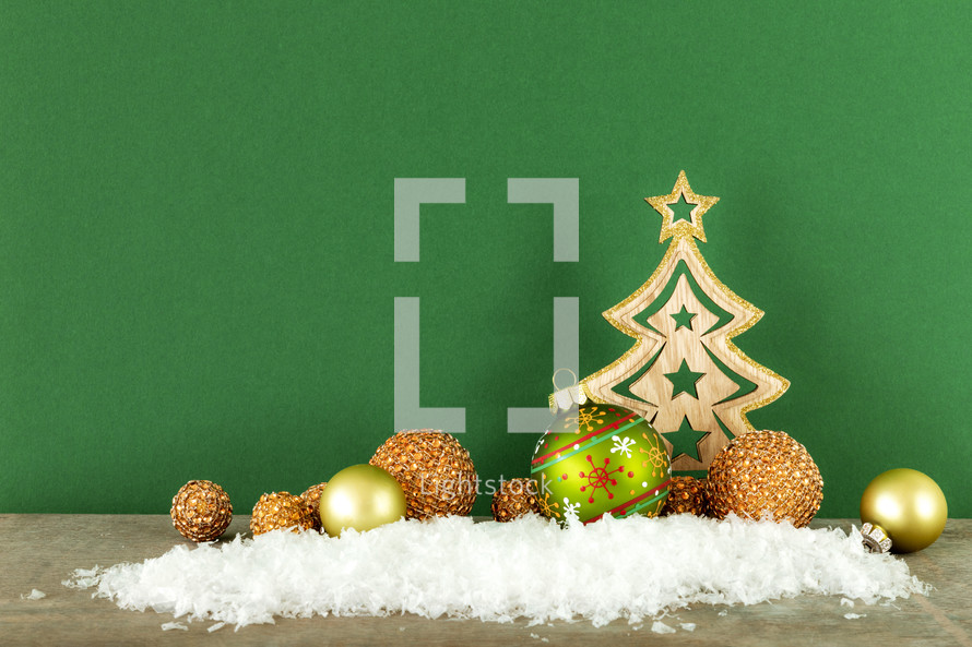 Christmas decorations on a green background 