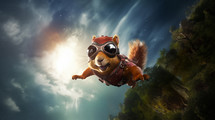 A cute red squirrel flying through the air with pilot goggles.