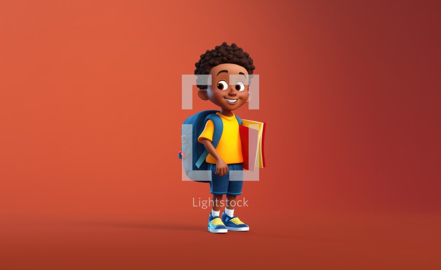 Happy african american schoolboy with backpack and books. 3d illustration