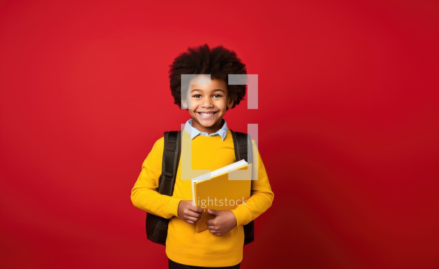 Happy african american schoolboy with backpack and book isolated on red