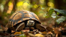 A Madagascar Tortoise slowly makes its way through the fallen leaves in a dense forest setting. The tortoises shell contrasts against the earthy tones of the forest floor as it moves steadily along the path.