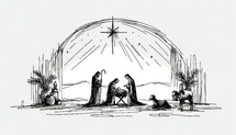 Birth of Jesus. Life of Christ. Black and white Line Art Biblical Illustration