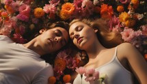 Love. Top view of young couple lying on floral bedding with closed eyes