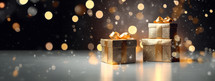 Christmas. Golden gift boxes on bokeh background with copy space