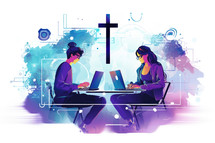 Bible Study. Young adults working on laptop computer. Online church concept. Vector illustration