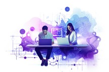 Bible Study. Young man and woman sitting at table with laptop in hands. Digital illustration