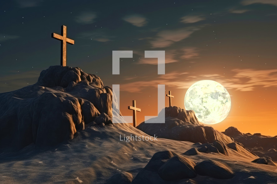 Three Crosses on a hill under the moonlight. Passion. Resurrection