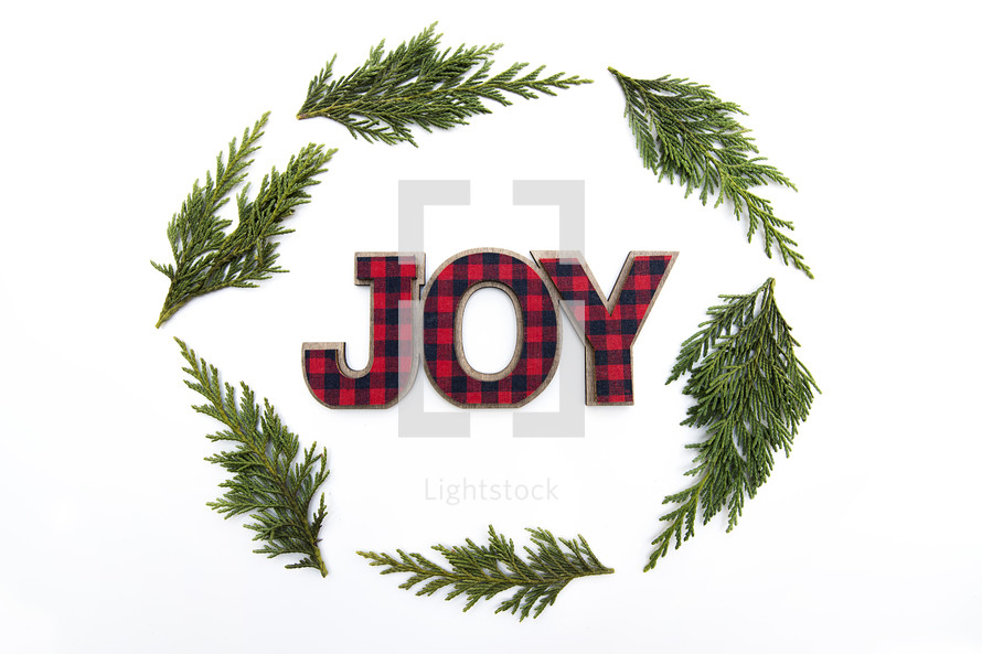 joy buffalo check ornament and pine branches 
