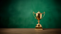 Gold trophy on a green background. 