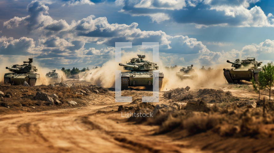 Israeli military tanks rolling across the desert in the warzone conflict.