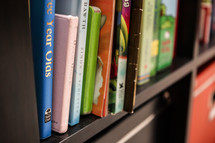 Children's books and a Children's Bible on a bookshelf