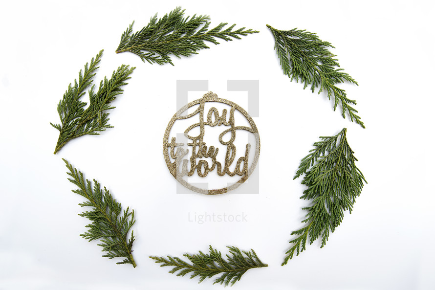 evergreen wreath frame and joy to the world ornament 