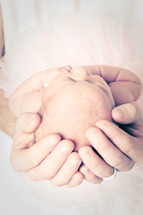 father's hands cradling a newborn infant