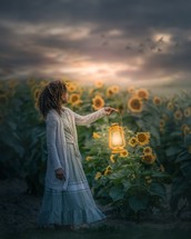 a girl in a field of sunflowers at night 
