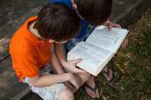 young brothers reading a Bible together 