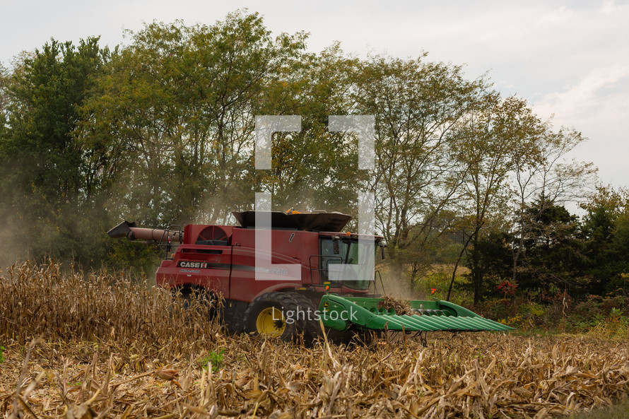 tractor harvesting corn in a field 