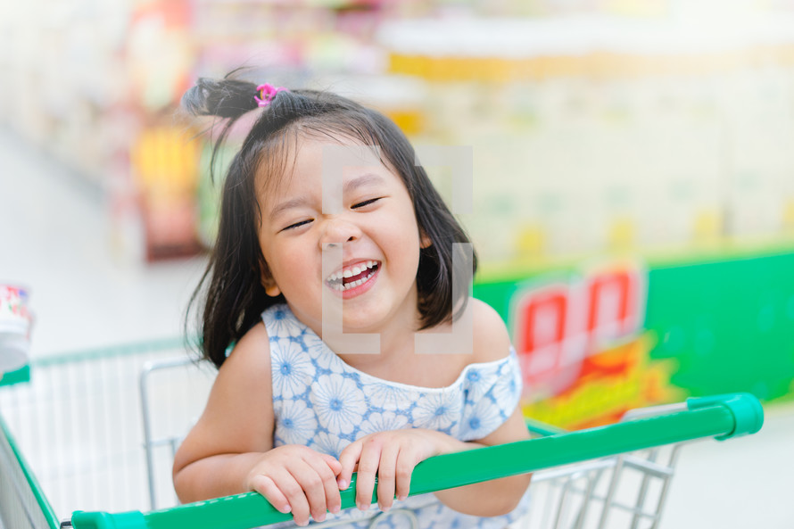 a little girl in a shopping cart 