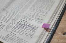 A bible open at Romans 12 with a purple post-in page marker