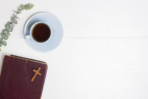 Bible, coffee cup, and eucalyptus 