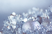 Closeup of silver Christmas decorations