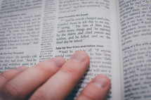 An open bible with fingers pointing to the passage entitled 'Take up your cross and follow Jesus'.