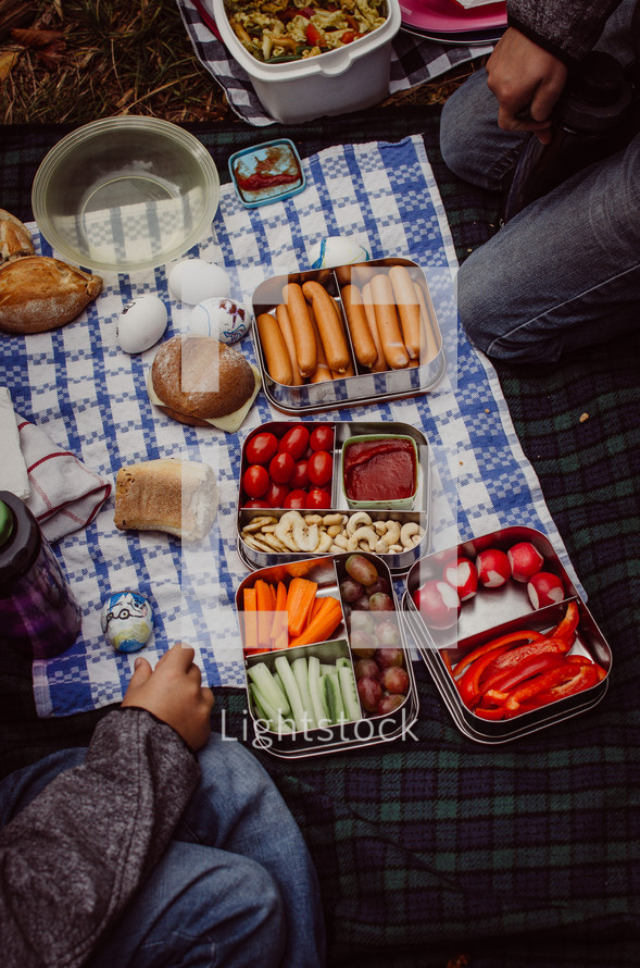 people sitting on a picnic blanket with various snack foods