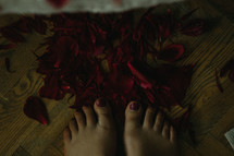 feet standing on rose petals 