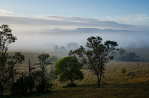 Morning fog in a grassy valley with mountains in the  background