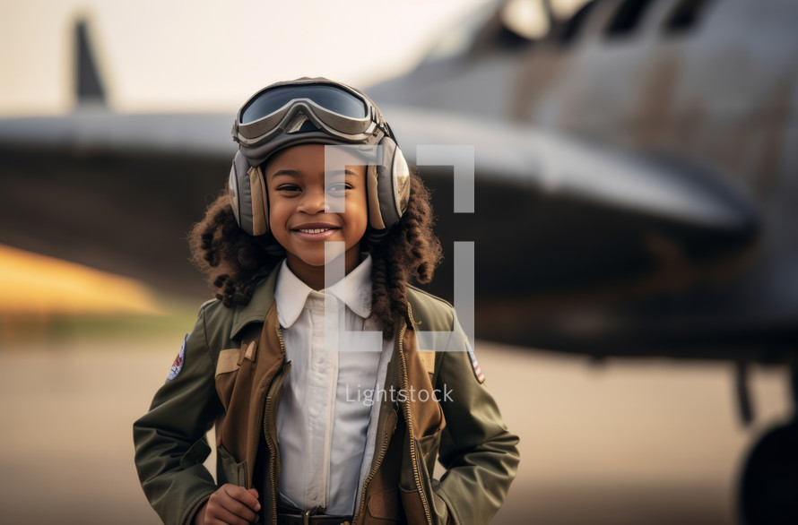 A close-up of an 8-year-old African girl wearing a pilot costume, radiating youthful enthusiasm and imagination