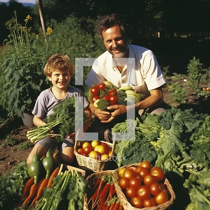 Father and son with vegetables in the vegetable garden. Happy family.