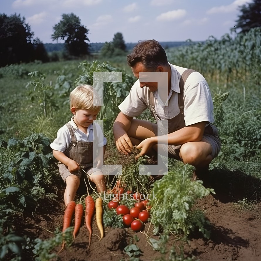 Father and son harvesting vegetables in the garden. Happy family on a farm.