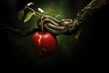 The original sin, the forbidden fruit. Image of a snake and an apple on a tree branch in the dark