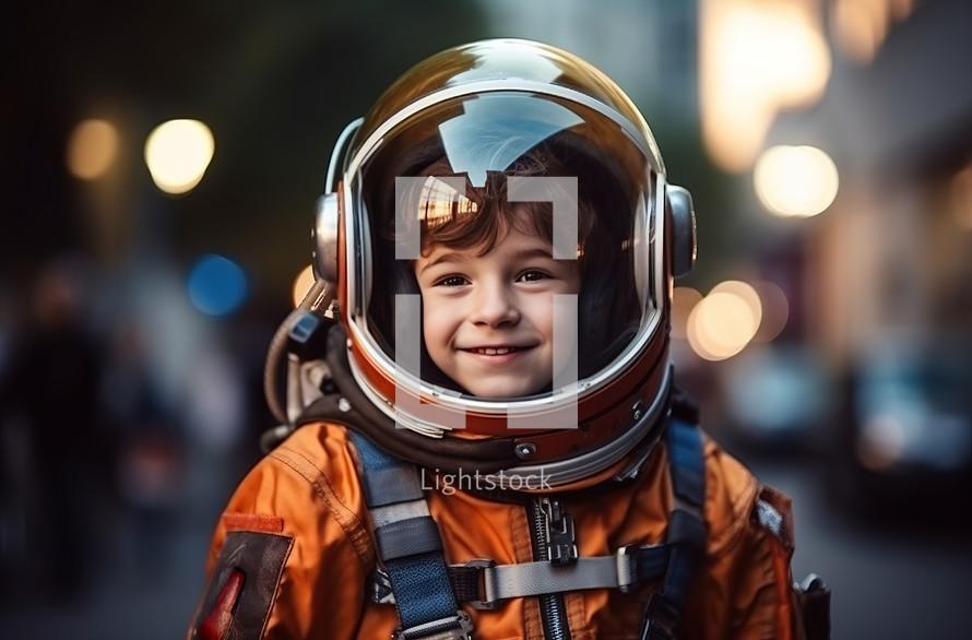 An 8-year-old boy dressed in an astronaut costume