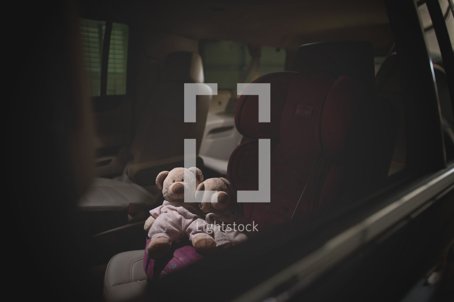teddy bears in a booster seat in a car 