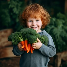 Little red-haired boy with a bunch of fresh vegetables. Selective focus.