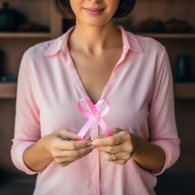 Cropped view of woman with pink ribbon in hands, breast cancer awareness concept
