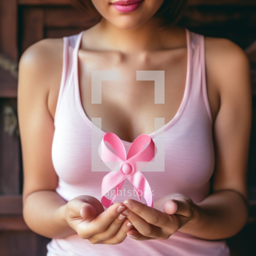 Woman holding pink ribbon for breast cancer awareness. Healthcare and medical concept.