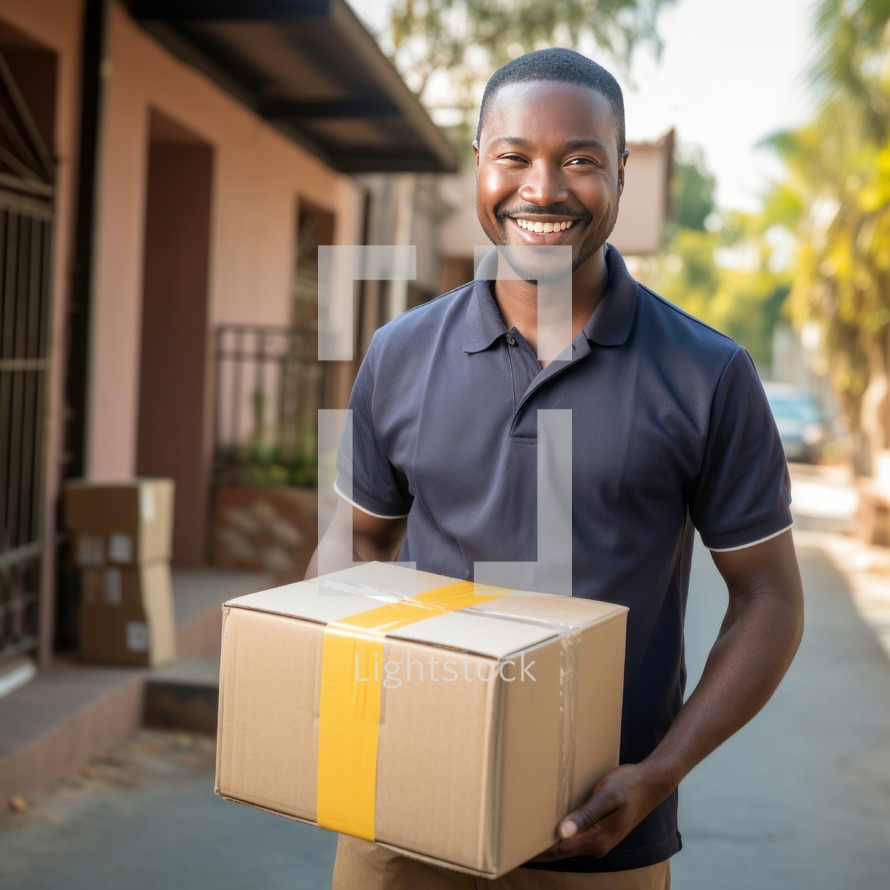Portrait of happy african american delivery man holding box outdoors