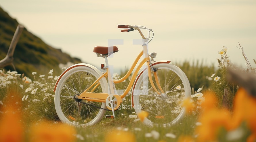Vintage bicycle in a field of flowers. Soft focus.