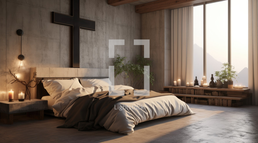 Christian home interior. Interior of modern bedroom with christian cross.