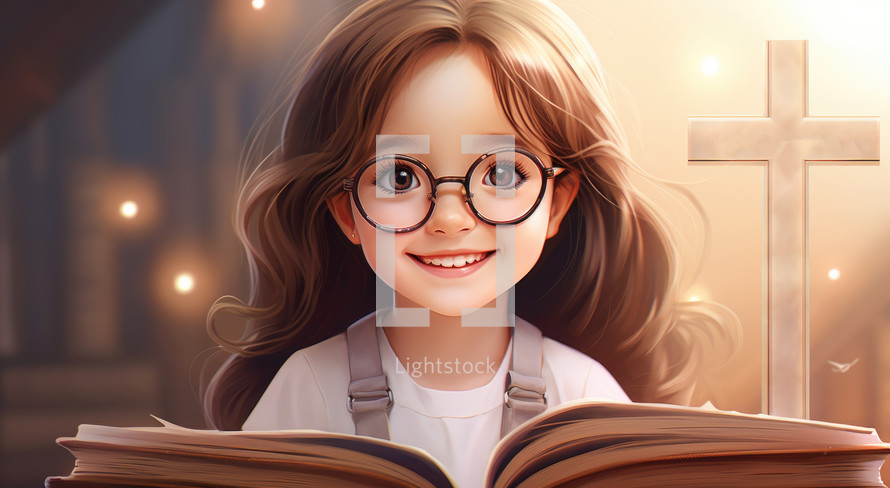 Cute little girl is reading a book and smiling