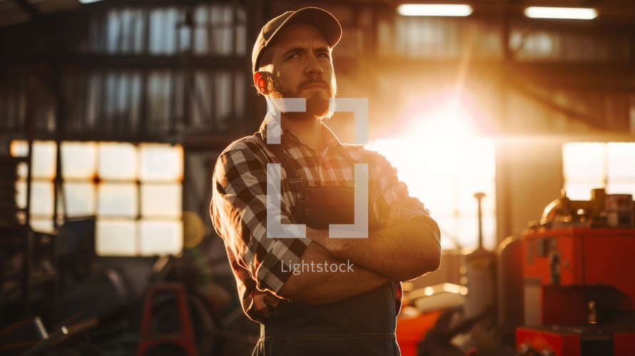 A man is standing with his arms crossed in a warehouse. He appears to be observing his surroundings intently.